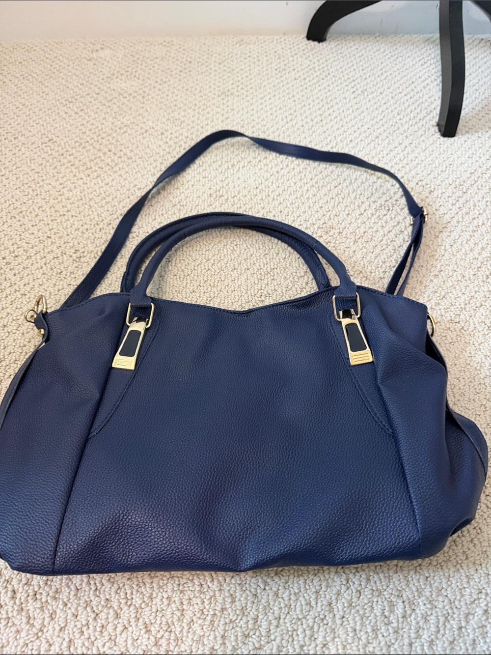 Amazon Navy Blue Pebbled Faux Leather Shoulder Bag with Gold Accents